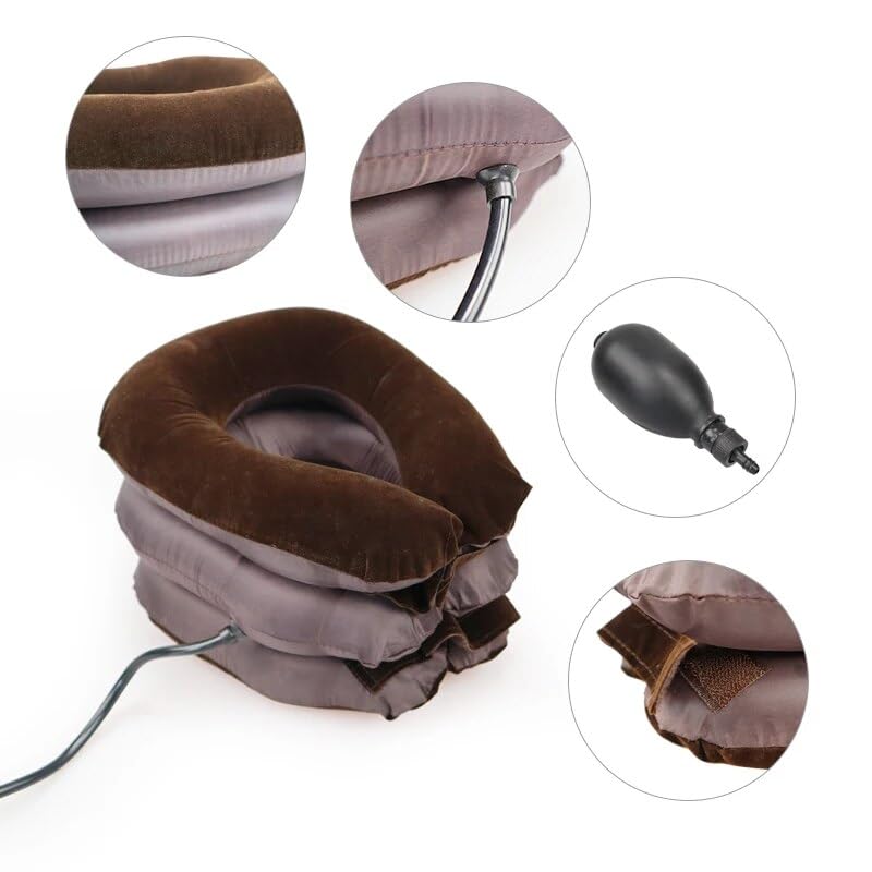 Brown inflatable neck pillow with pump on a white background