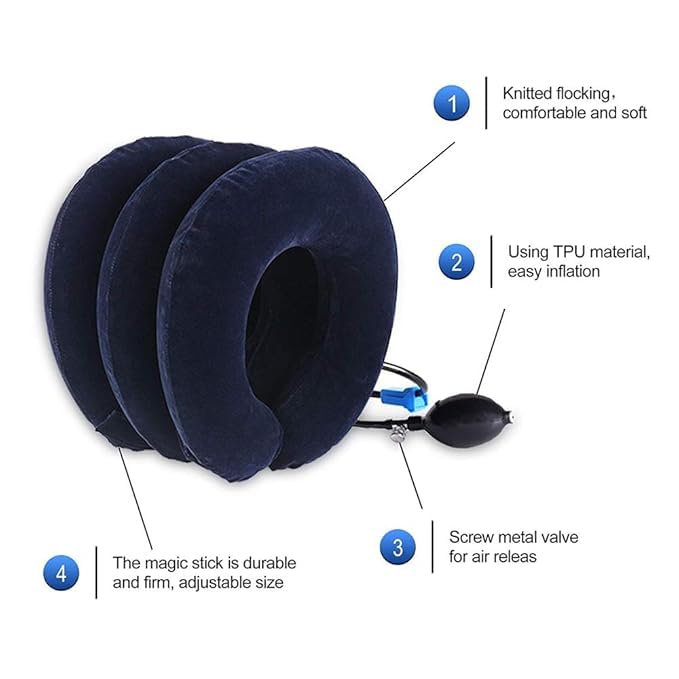Navy blue inflatable neck pillow with features highlighted on a white background