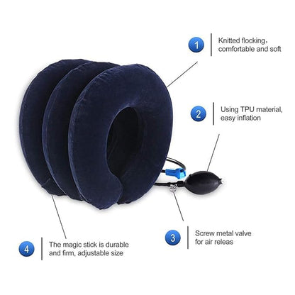 Navy blue inflatable neck pillow with features highlighted on a white background