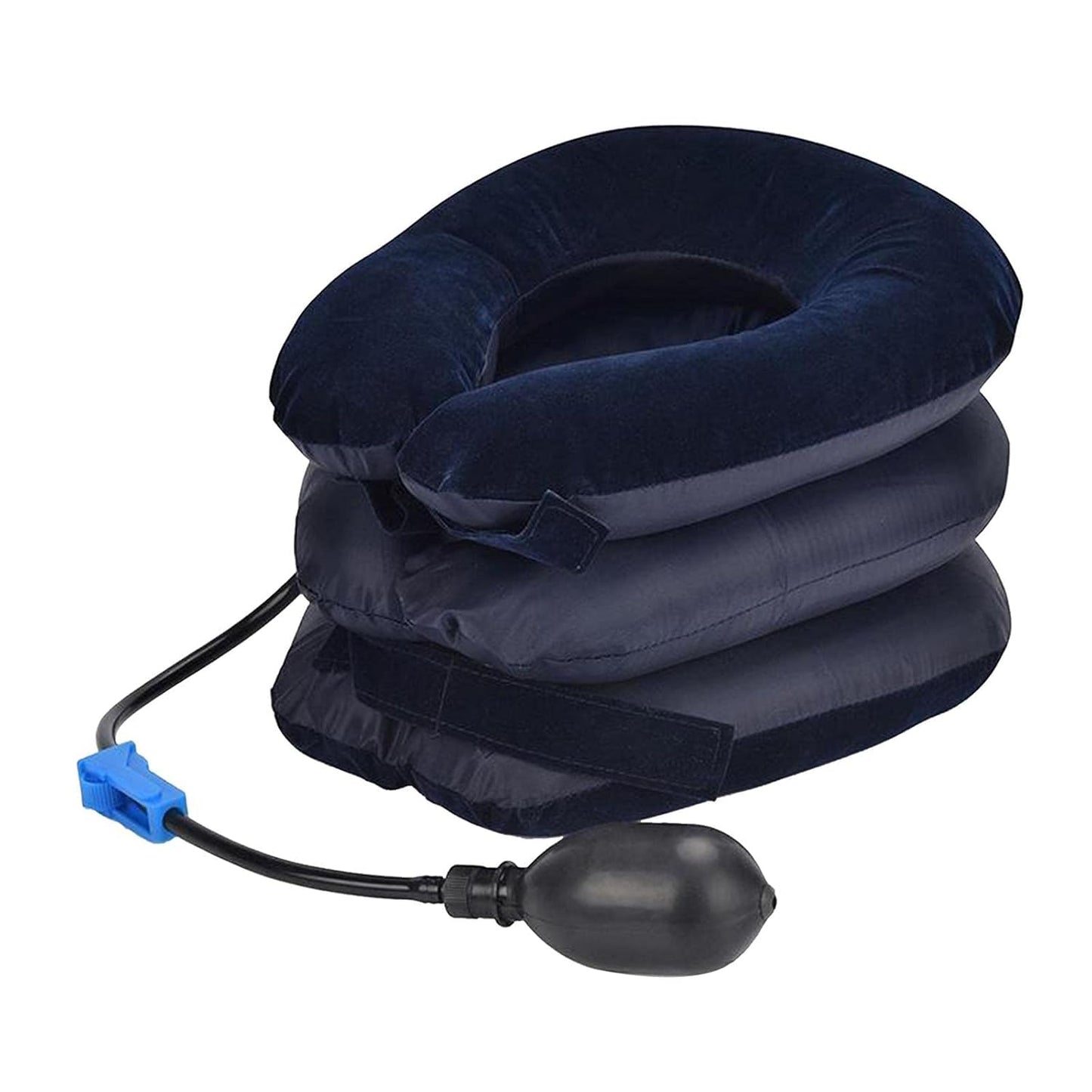 Navy inflatable neck pillow with pump on a white background