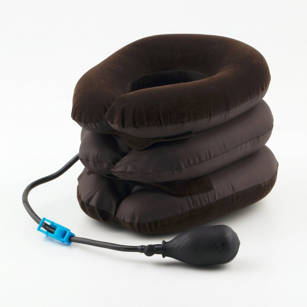 Inflatable neck pillow with pump on a white background