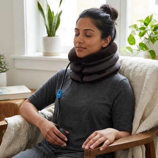 Woman using a neck pillow in a cozy living room