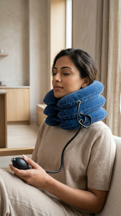 Woman using an inflatable neck pillow in a home setting